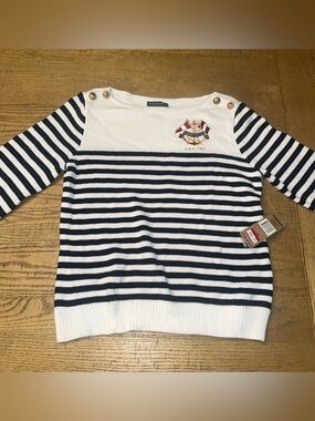 Ralph Lauren White & Blue Sweater Crest Nautical Boat Neck Striped Petite Large